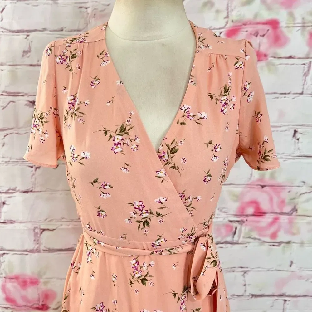 Lulu's Women's True Wrap Floral Short Sleeve Belted Pink Sundress Size S - Picture 2 of 11